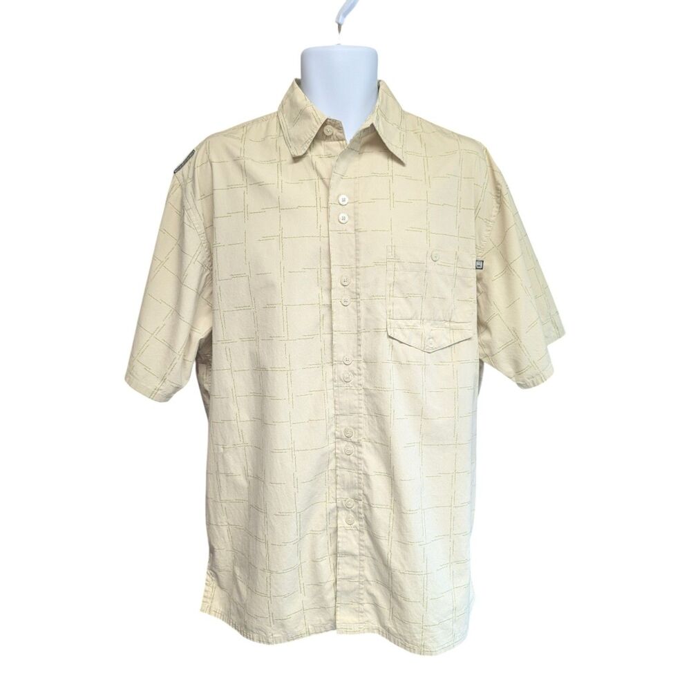 Drunknmunky Button Down Cotton Short Sleeve Top in Cream and Green Size L